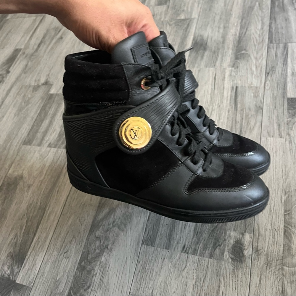 Authentic Louis Vuitton Black High-Top Sneakers with Gold Accent - Picture 4 of 13